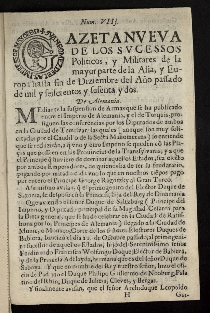 Miniatura de Gazeta Nueva de los sucessos politicos, y militares de la mayor parte de Europa de diciembre de 1662, nº 8