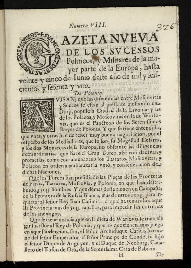Miniatura de Gazeta Nveva de los Svcessos Politicos, y Militares de la mayor parte del Mundo, hasta el 25 de junio de de 1661, nº 8