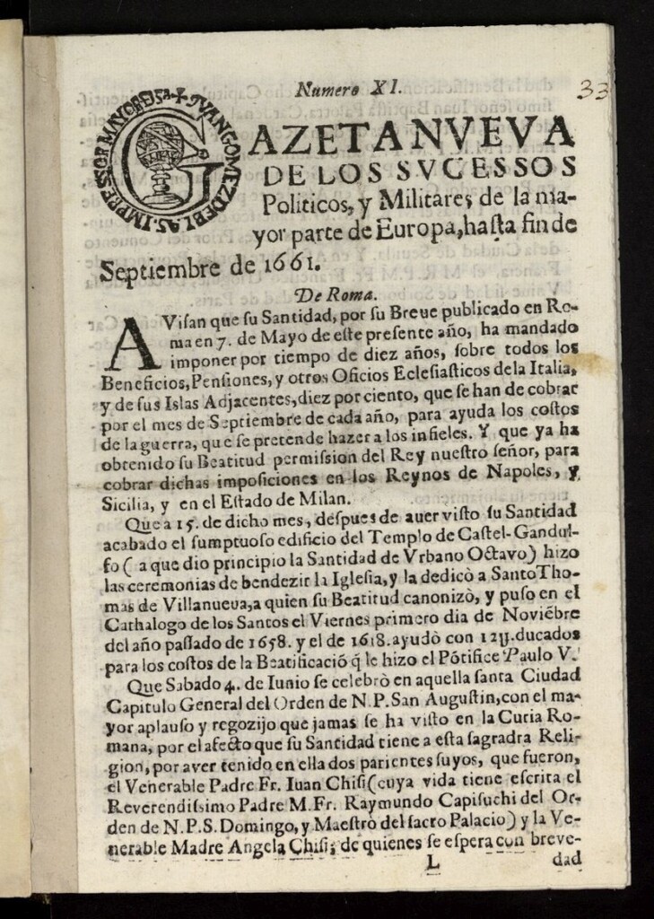 Miniatura de Gazeta nueva de los sucessos políticos y militares de la mayor parte de Europa, hasta fin de septiembre de 1661, nº 11