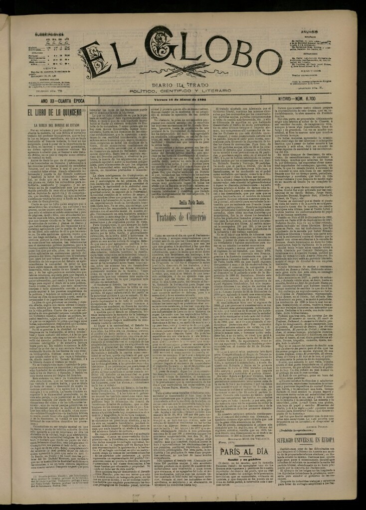 Miniatura de El Globo : diario ilustrado del 16 de marzo de 1894, nº 6700