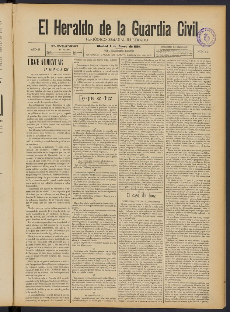 Miniatura de Heraldo de la Guardia Civil del 1 de enero de 1894