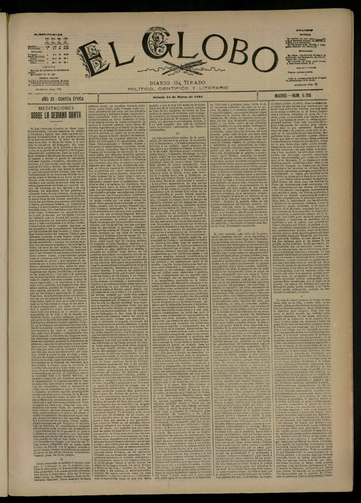 Miniatura de El Globo : diario ilustrado del 24 de marzo de 1894, nº 6708