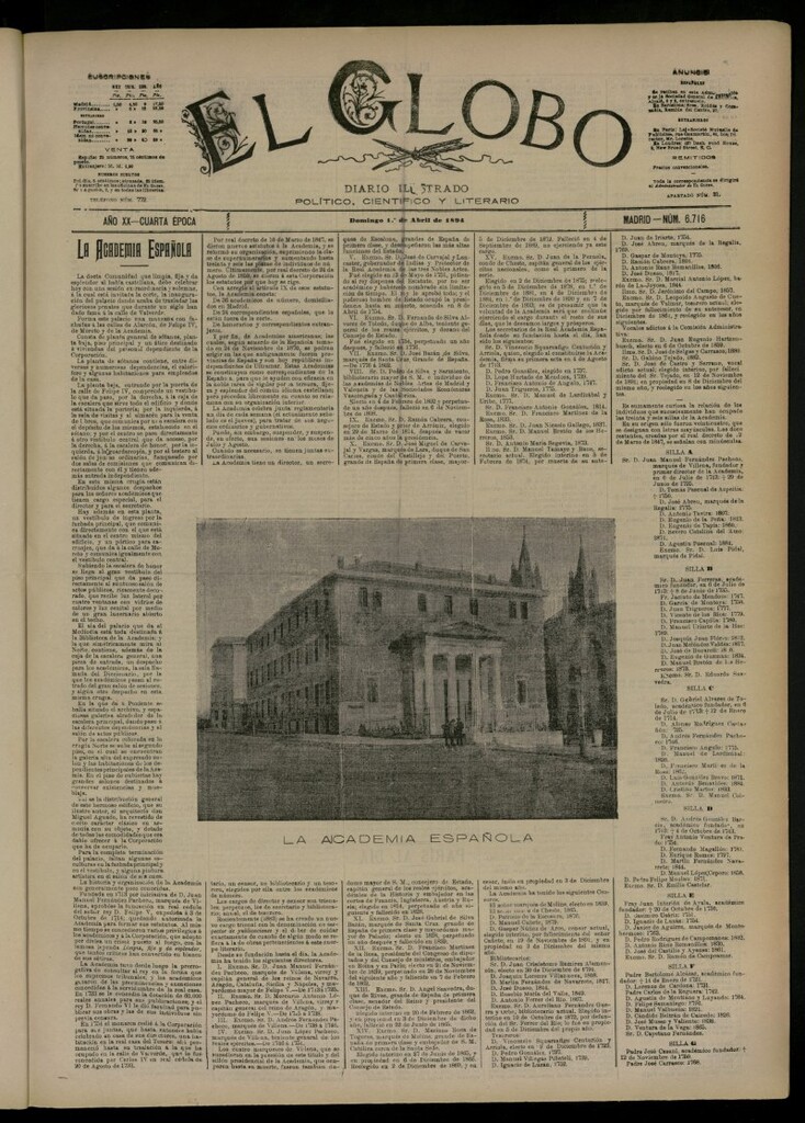Miniatura de El Globo : diario ilustrado del 1 de abril de 1894, nº 6716