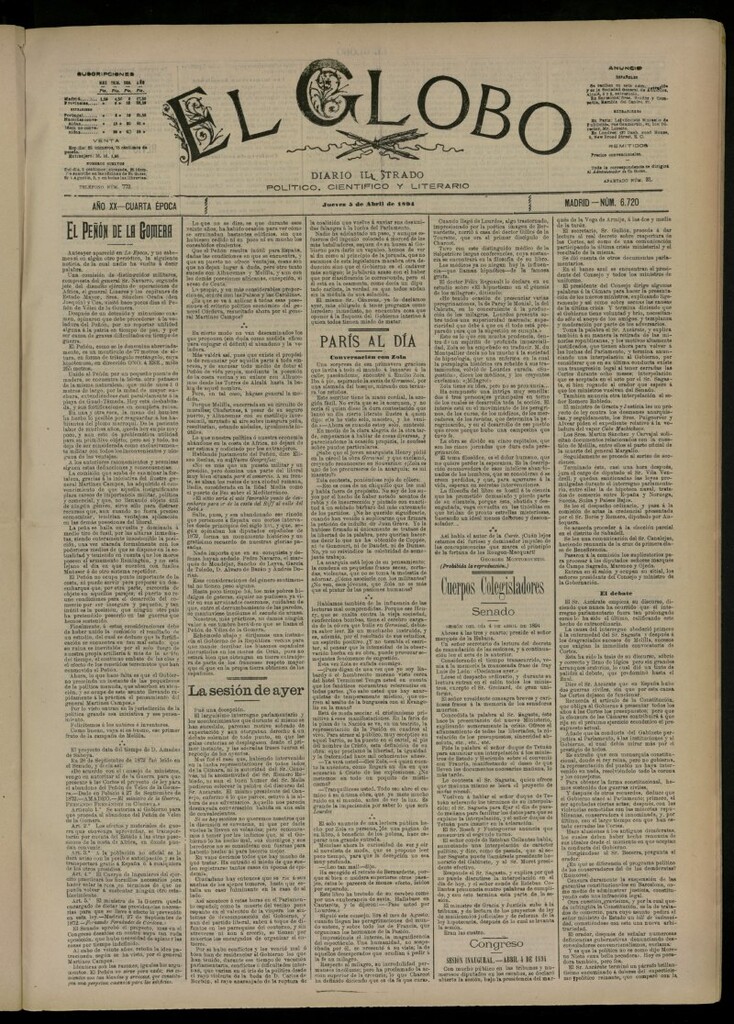 Miniatura de El Globo : diario ilustrado del 5 de abril de 1894, nº 6720