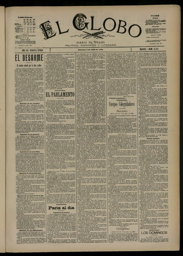 Miniatura de El Globo : diario ilustrado del 8 de abril de 1894, nº 6723