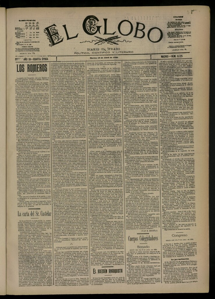 Miniatura de El Globo : diario ilustrado del 10 de abril de 1894, nº 6725