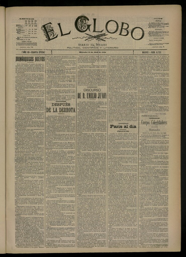 Miniatura de El Globo : diario ilustrado del 11 de abril de 1894, nº 6726