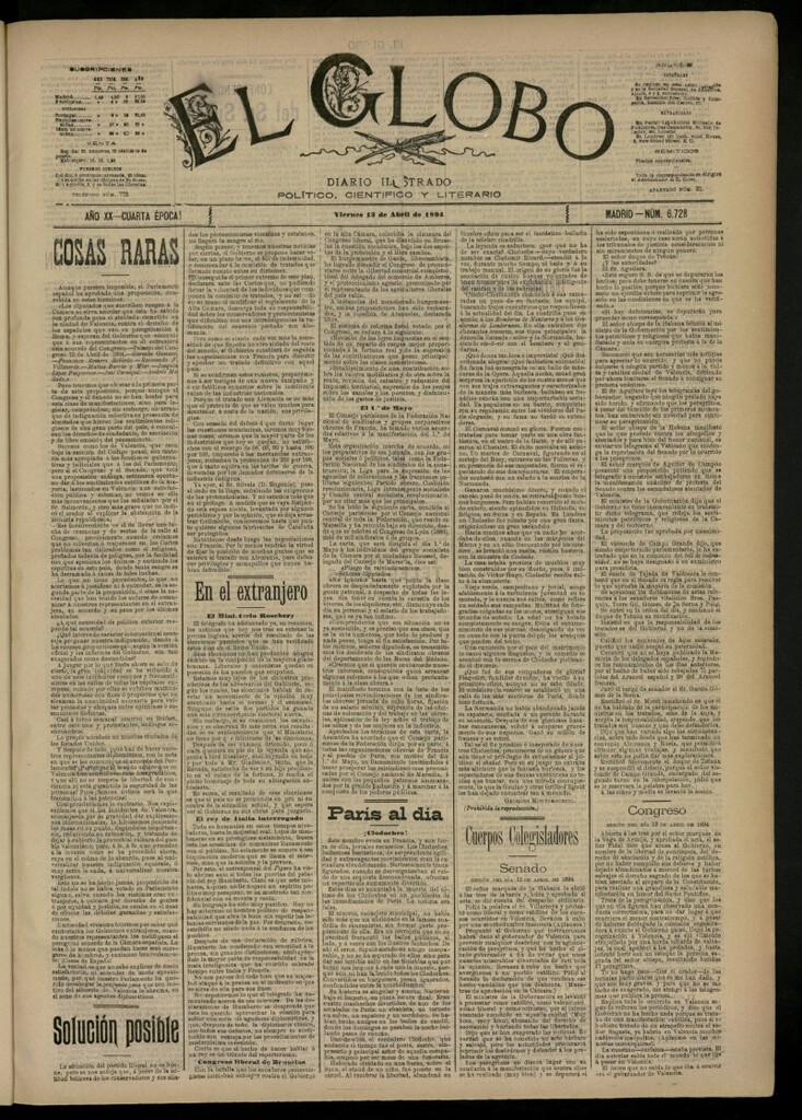 Miniatura de El Globo : diario ilustrado del 13 de abril de 1894, nº 6728