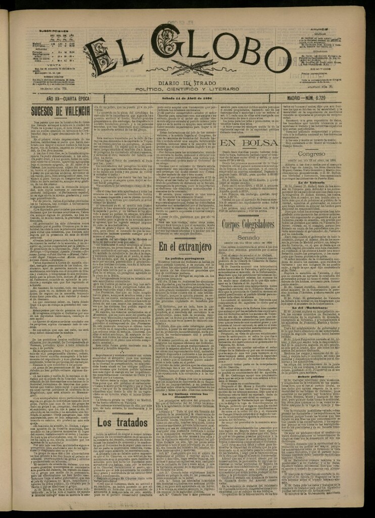 Miniatura de El Globo : diario ilustrado del 14 de abril de 1894, nº 6729