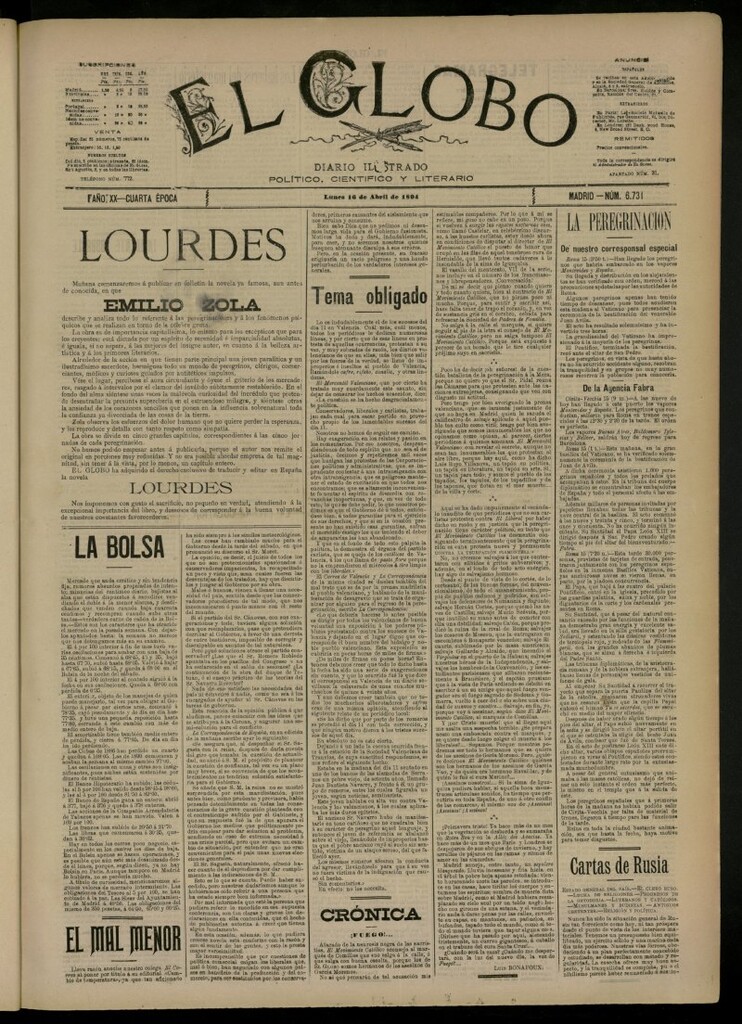 Miniatura de El Globo : diario ilustrado del 16 de abril de 1894, nº 6731