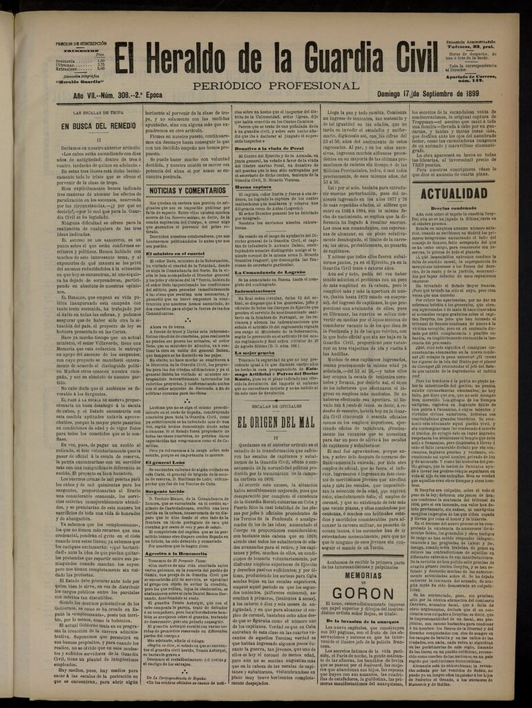 Miniatura de Heraldo de la Guardia Civil del 17 de septiembre de 1899