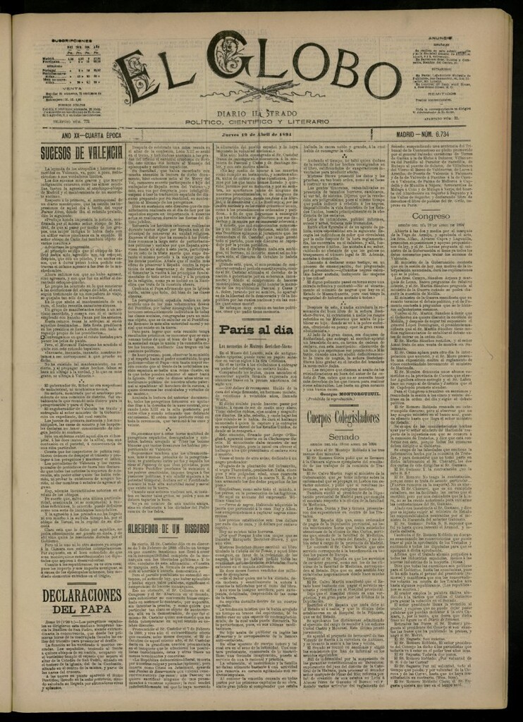 Miniatura de El Globo : diario ilustrado del 19 de abril de 1894, nº 6734