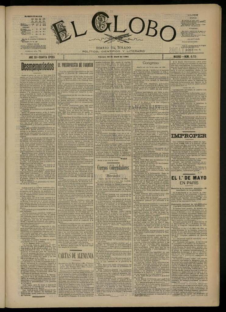 Miniatura de El Globo : diario ilustrado del 20 de abril de 1894, nº 6735