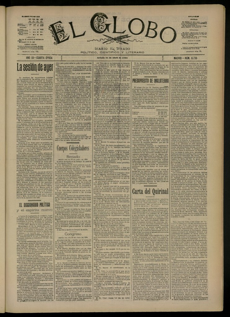 Miniatura de El Globo : diario ilustrado del 21 de abril de 1894, nº 6736