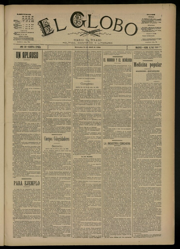 Miniatura de El Globo : diario ilustrado del 25 de abril de 1894, nº 6740