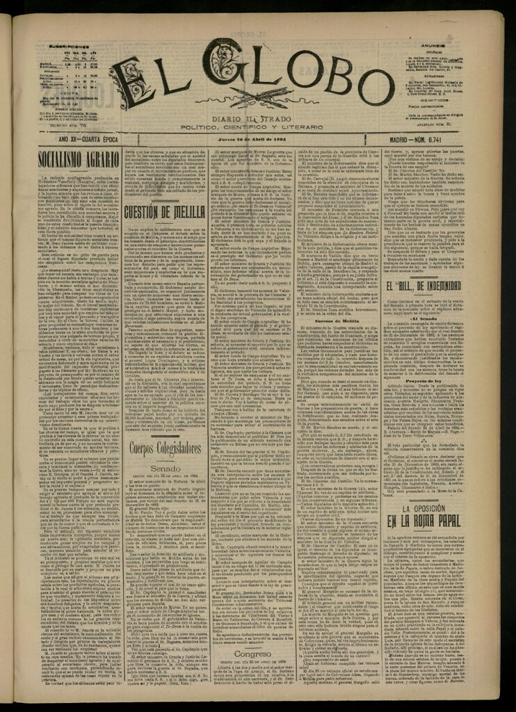 Miniatura de El Globo : diario ilustrado del 26 de abril de 1894, nº 6741