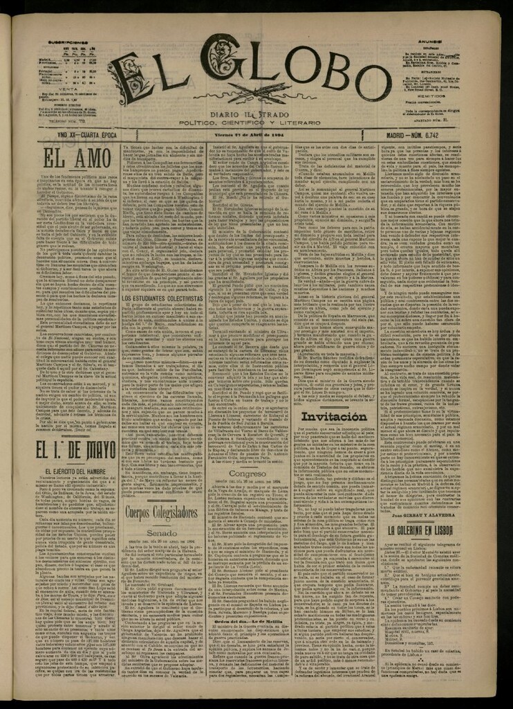 Miniatura de El Globo : diario ilustrado del 27 de abril de 1894, nº 6742