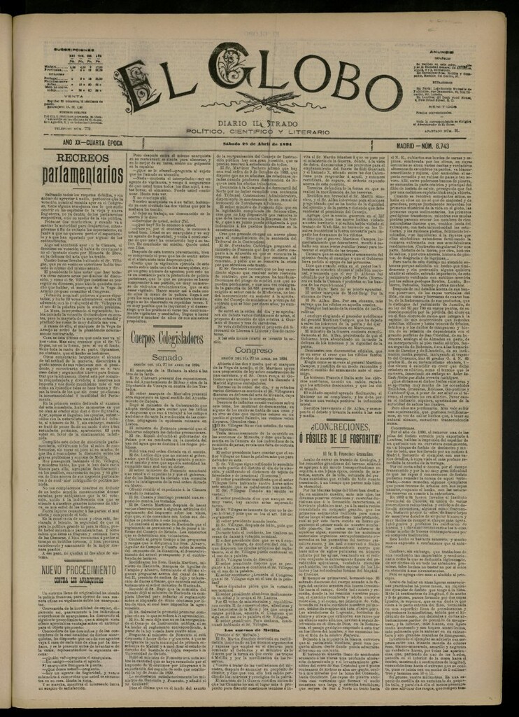Miniatura de El Globo : diario ilustrado del 28 de abril de 1894, nº 6743