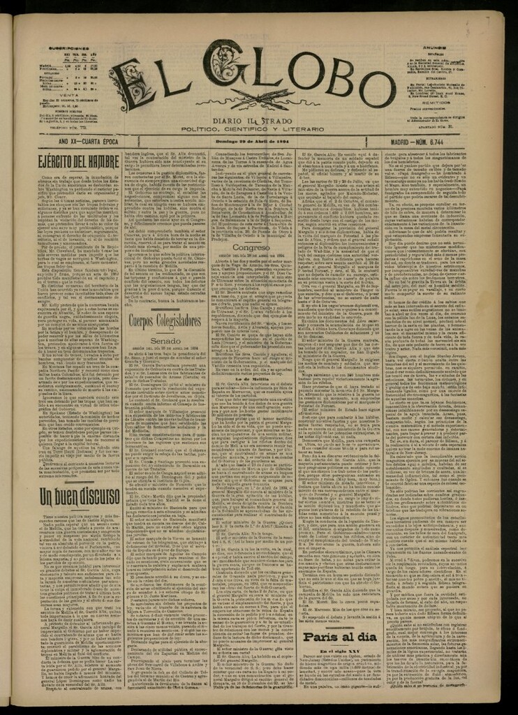 Miniatura de El Globo : diario ilustrado del 29 de abril de 1894, nº 6744