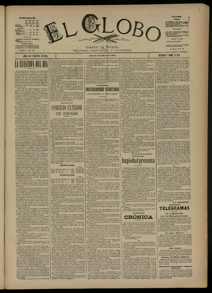 Miniatura de El Globo : diario ilustrado del 3 de mayo de 1894, nº 6748