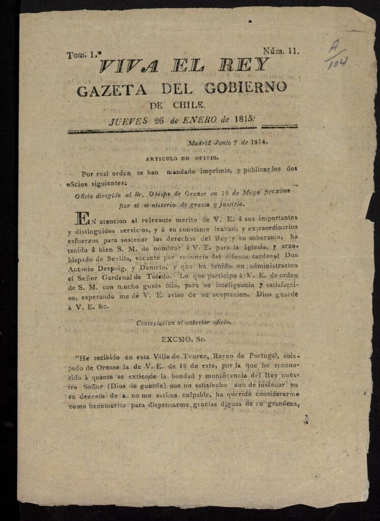 Miniatura de Gaceta del Gobierno de Chile del 26 de enero de 1815