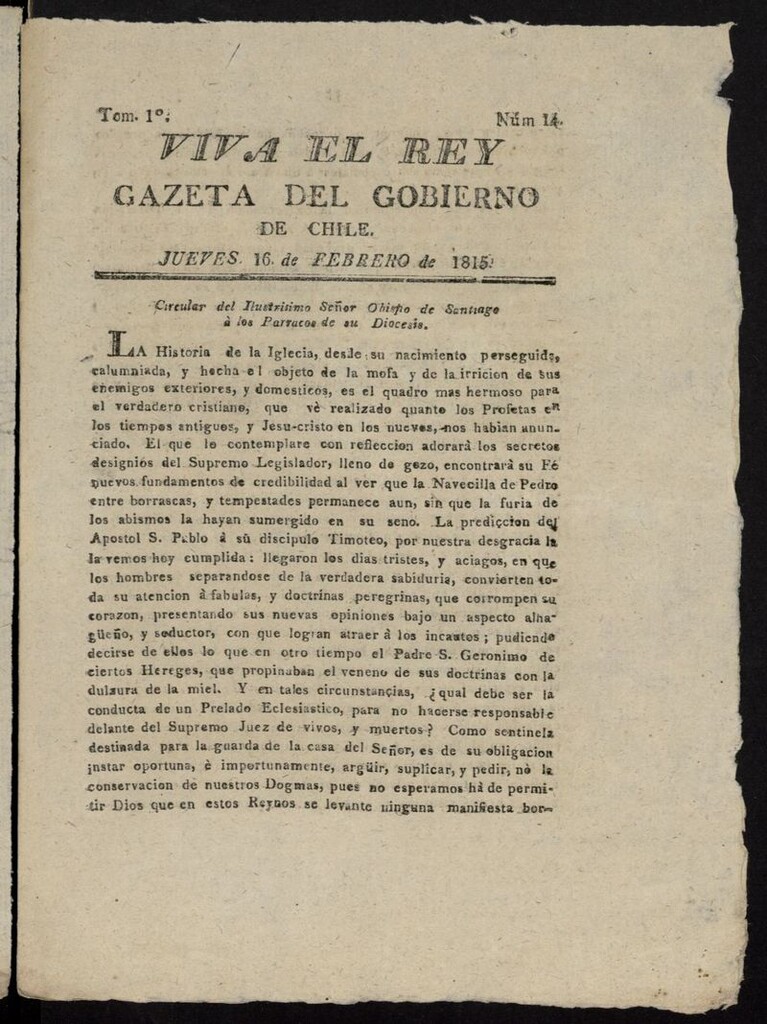 Miniatura de Gaceta del Gobierno de Chile del 16 de febrero de 1815