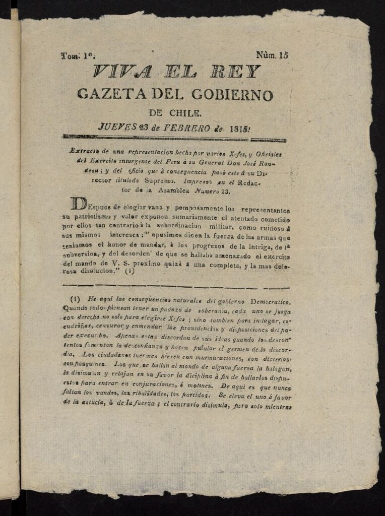 Miniatura de Gaceta del Gobierno de Chile del 23 de febrero de 1815