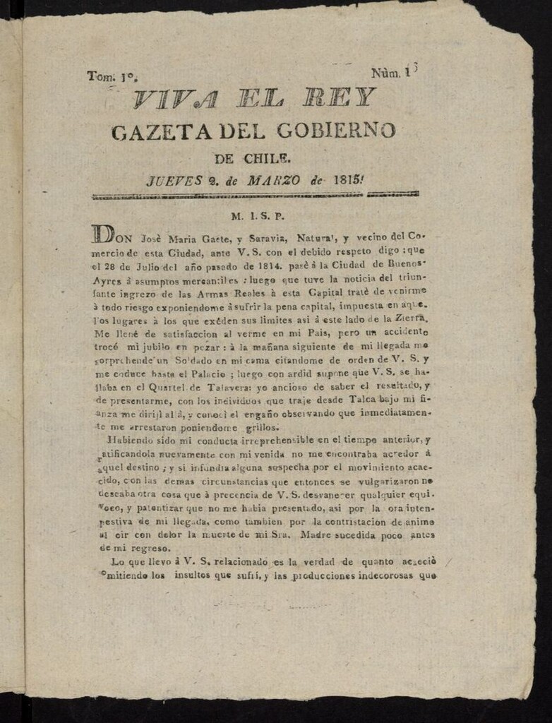 Miniatura de Gaceta del Gobierno de Chile del 2 de marzo de 1815