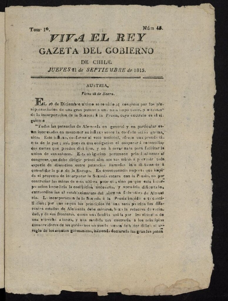 Miniatura de Gaceta del Gobierno de Chile del 21 de septiembre de 1815