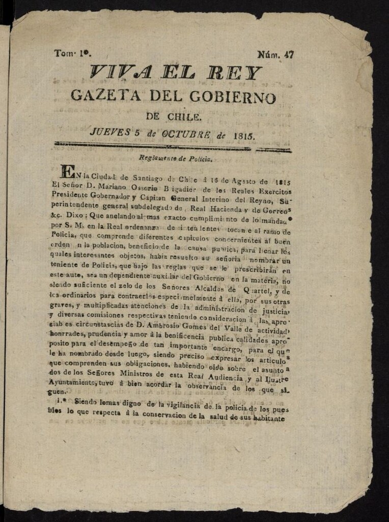 Miniatura de Gaceta del Gobierno de Chile del 5 de octubre de 1815