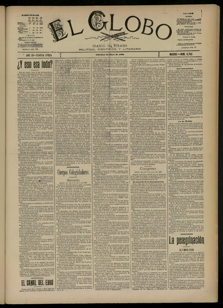 Miniatura de El Globo : diario ilustrado del 5 de mayo de 1894, nº 6750