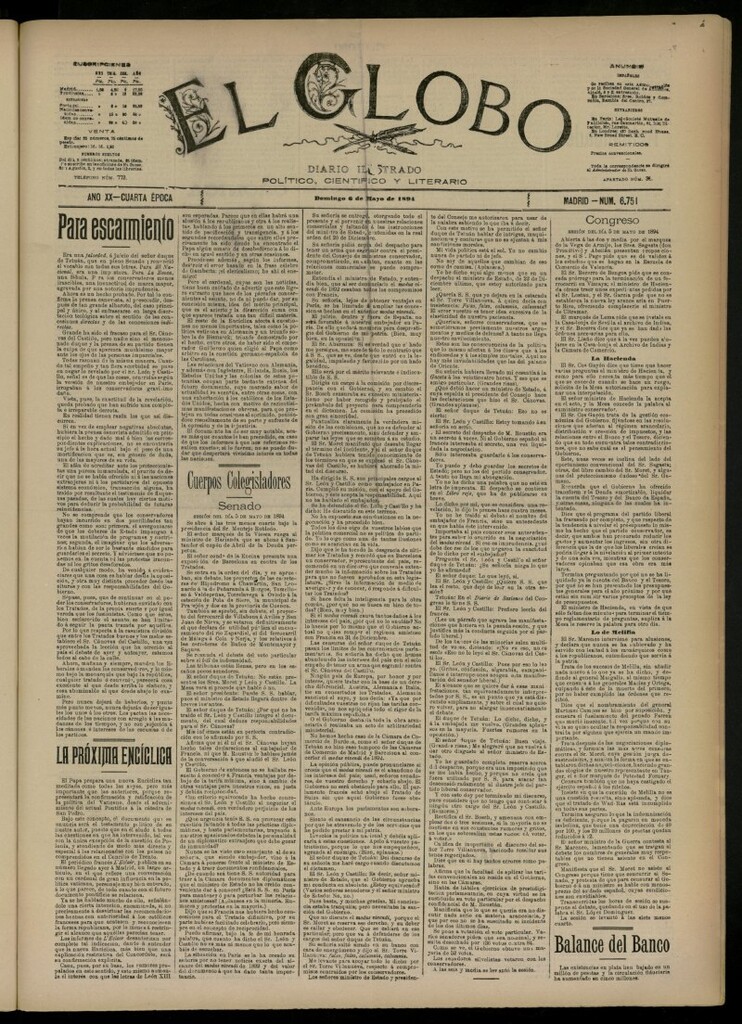 Miniatura de El Globo : diario ilustrado del 6 de mayo de 1894, nº 6751