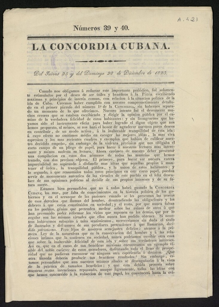Miniatura de La Concordia Cubana del 25 y del 28 de diciembre de 1823