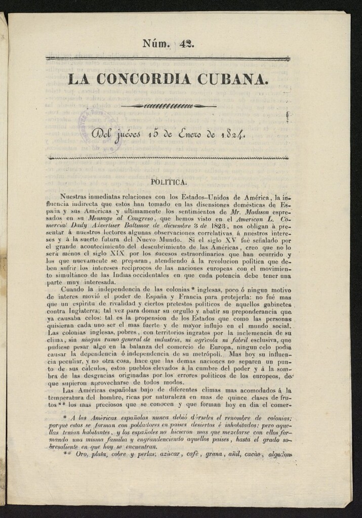 Miniatura de La Concordia Cubana del 15 de enero de 1824