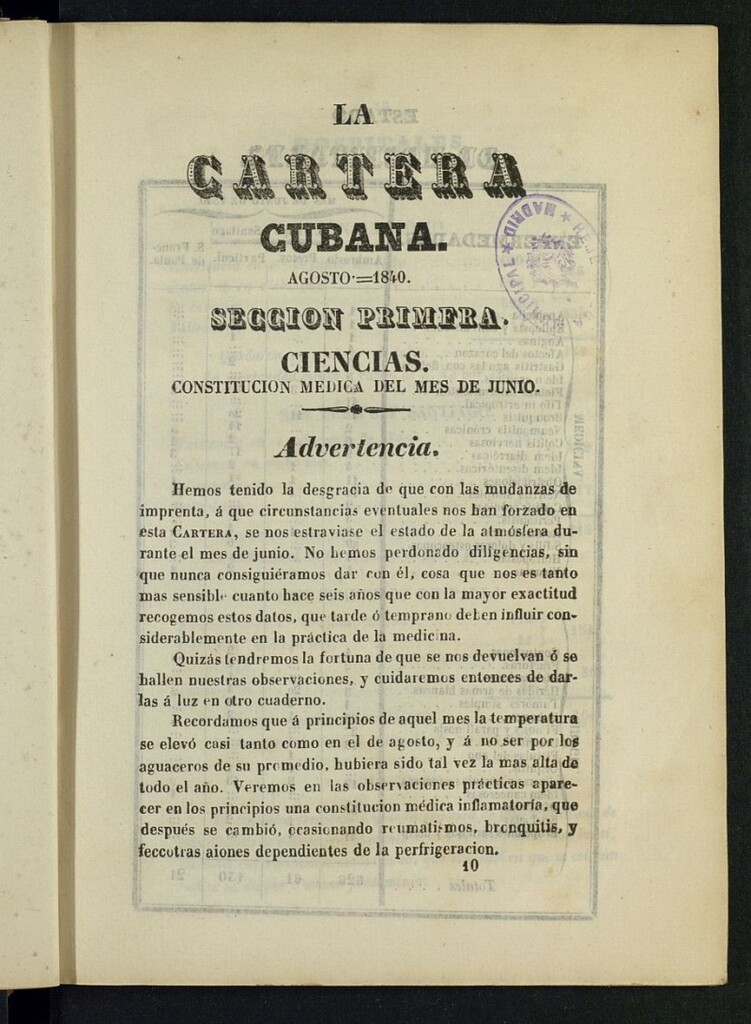 Miniatura de La Cartera Cubana de agosto de 1840