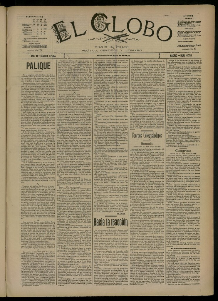 Miniatura de El Globo : diario ilustrado del 9 de mayo de 1894, nº 6754
