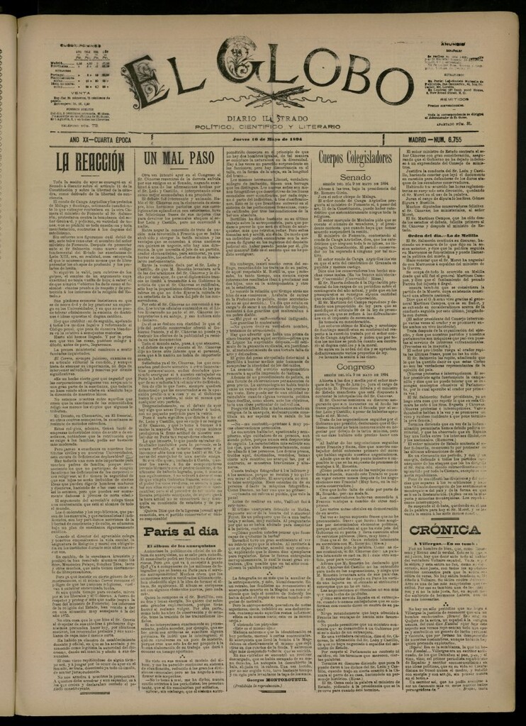 Miniatura de El Globo : diario ilustrado del 10 de mayo de 1894, nº 6755