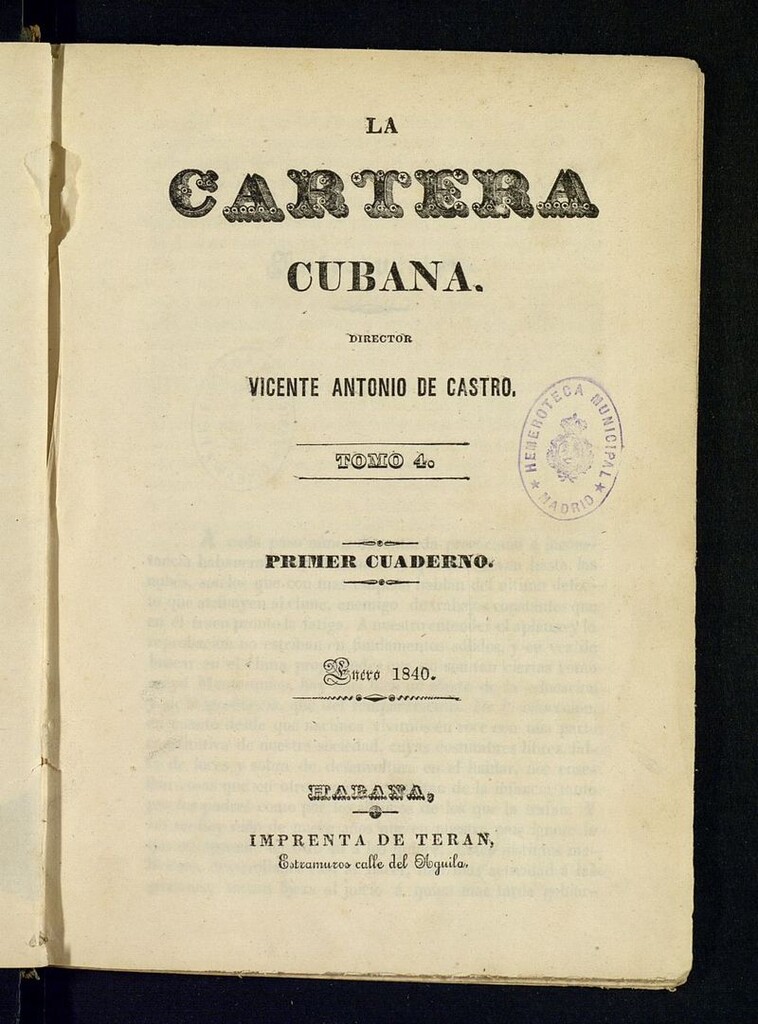 Miniatura de La Cartera Cubana de enero de 1840