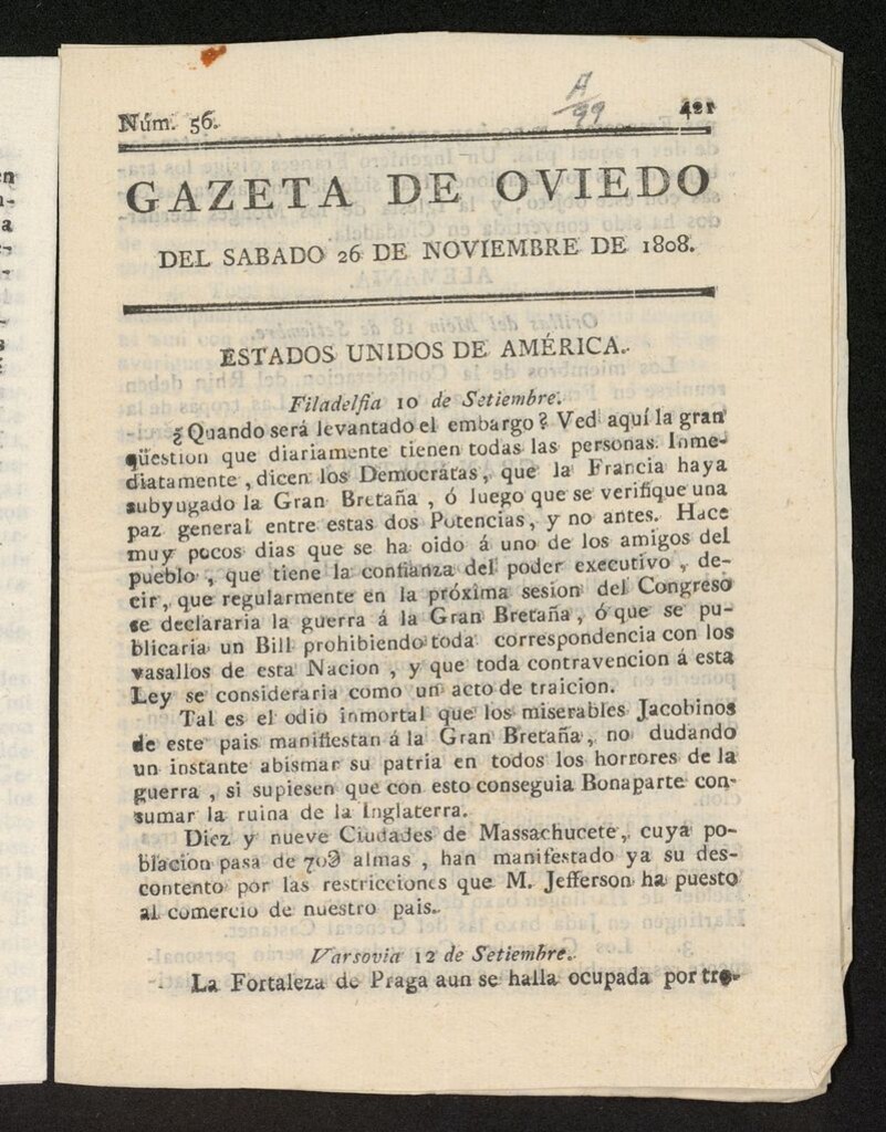 Miniatura de Gazeta de Oviedo del 26 de noviembre de 1808