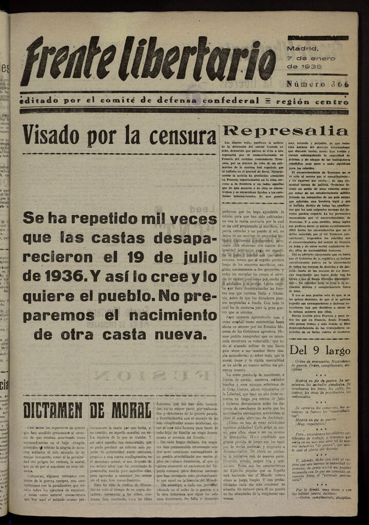 Miniatura de Frente Libertario: Órgano de las Milicias Confederales del 7 de enero de 1938