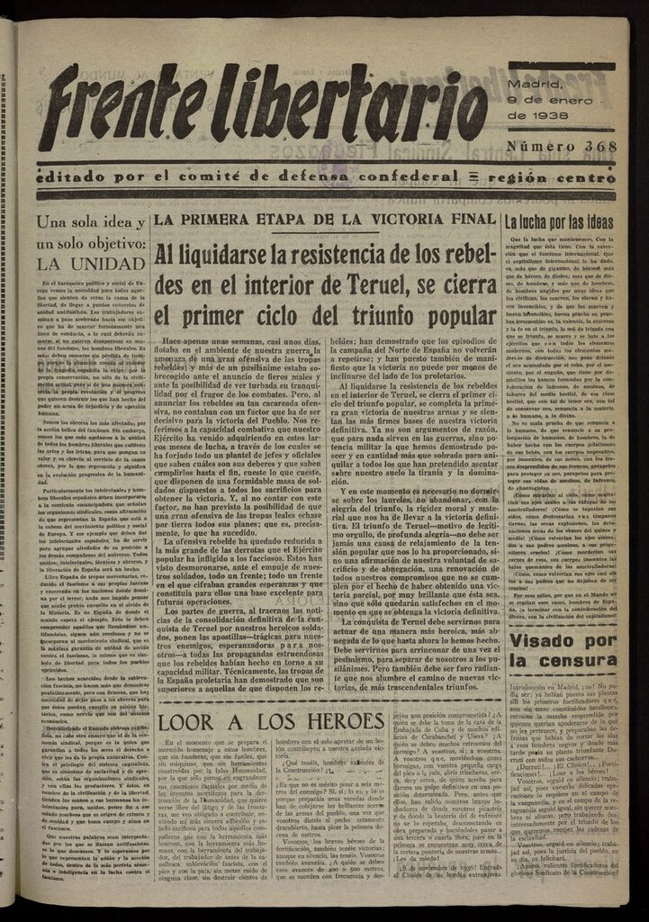 Miniatura de Frente Libertario: Órgano de las Milicias Confederales del 9 de enero de 1938