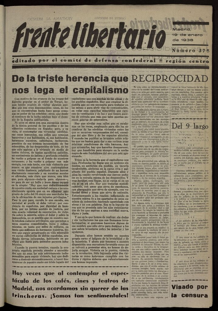 Miniatura de Frente Libertario: Órgano de las Milicias Confederales del 19 de enero de 1938