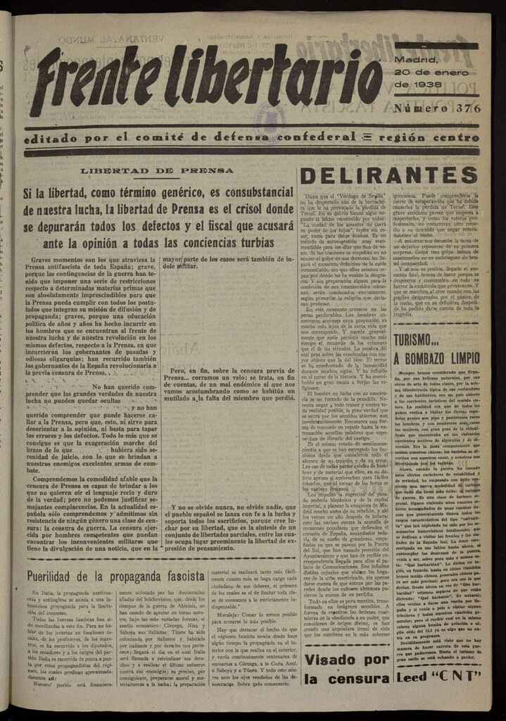 Miniatura de Frente Libertario: Órgano de las Milicias Confederales del 20 de enero de 1938
