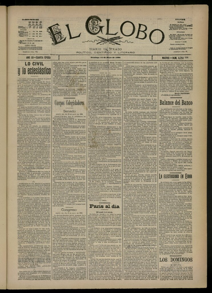Miniatura de El Globo : diario ilustrado del 13 de mayo de 1894, nº 6758