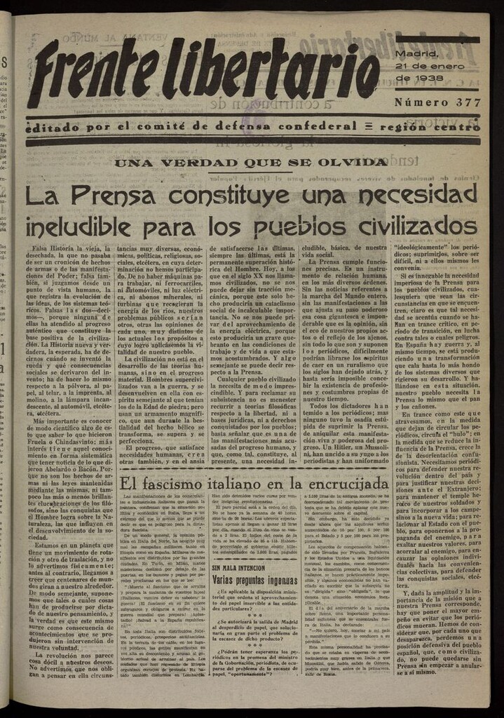 Miniatura de Frente Libertario: Órgano de las Milicias Confederales del 21 de enero de 1938
