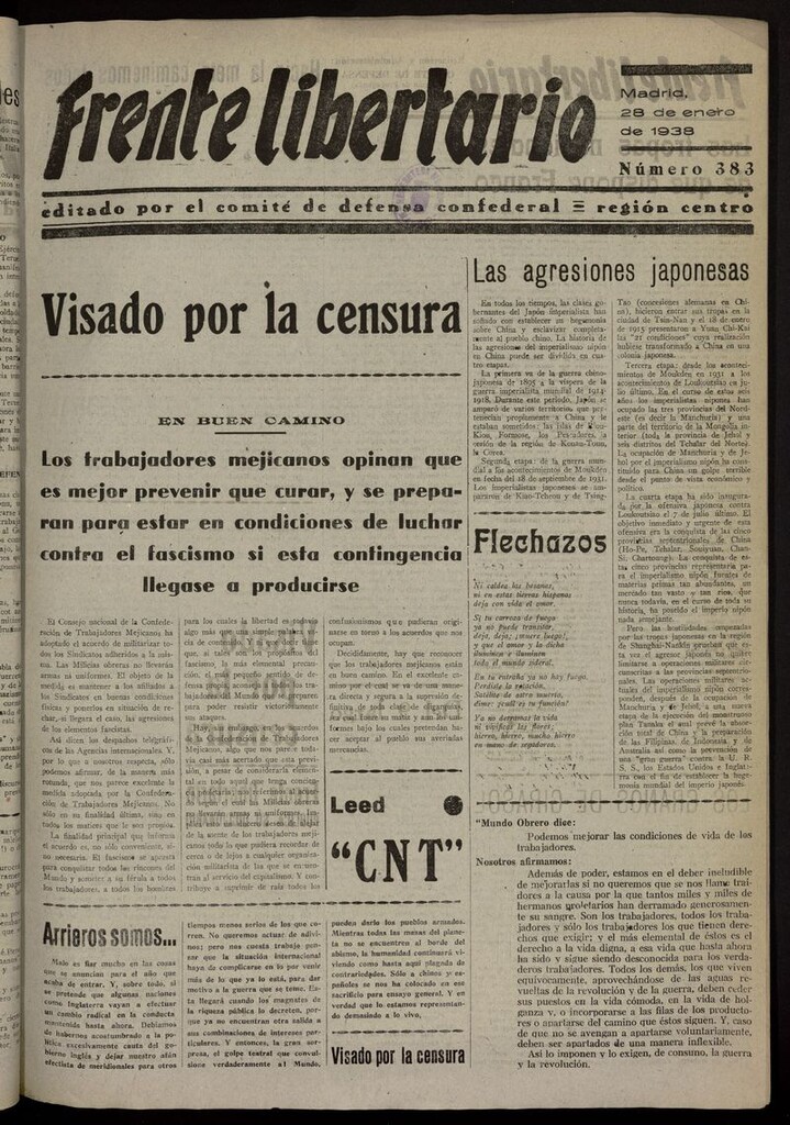 Miniatura de Frente Libertario: Órgano de las Milicias Confederales del 28 de enero de 1938
