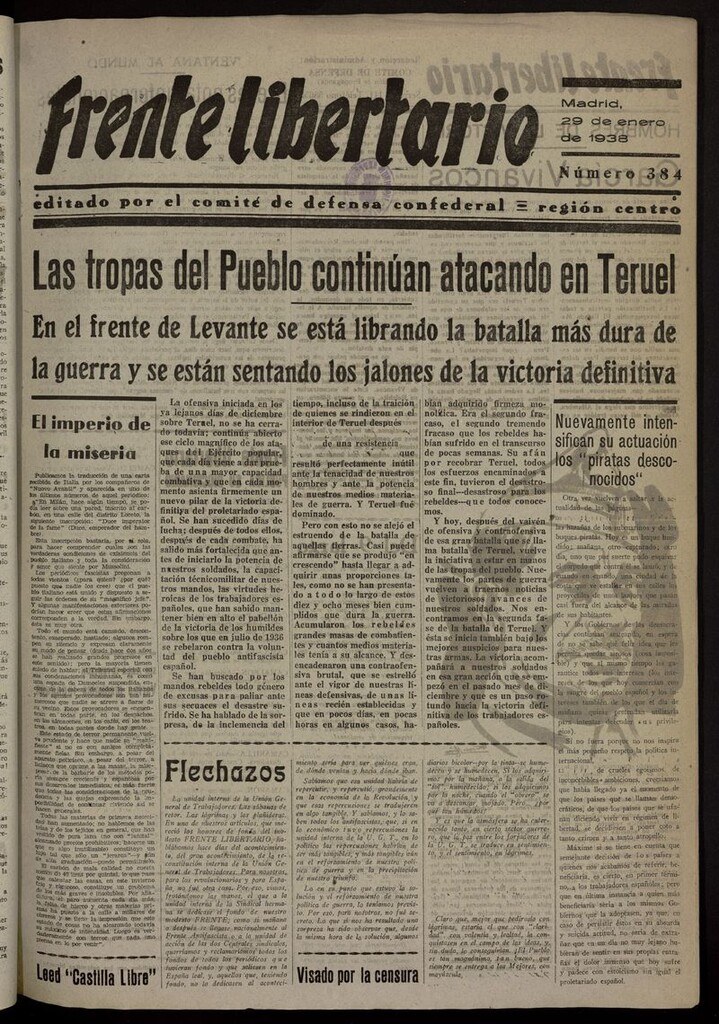 Miniatura de Frente Libertario: Órgano de las Milicias Confederales del 29 de enero de 1938