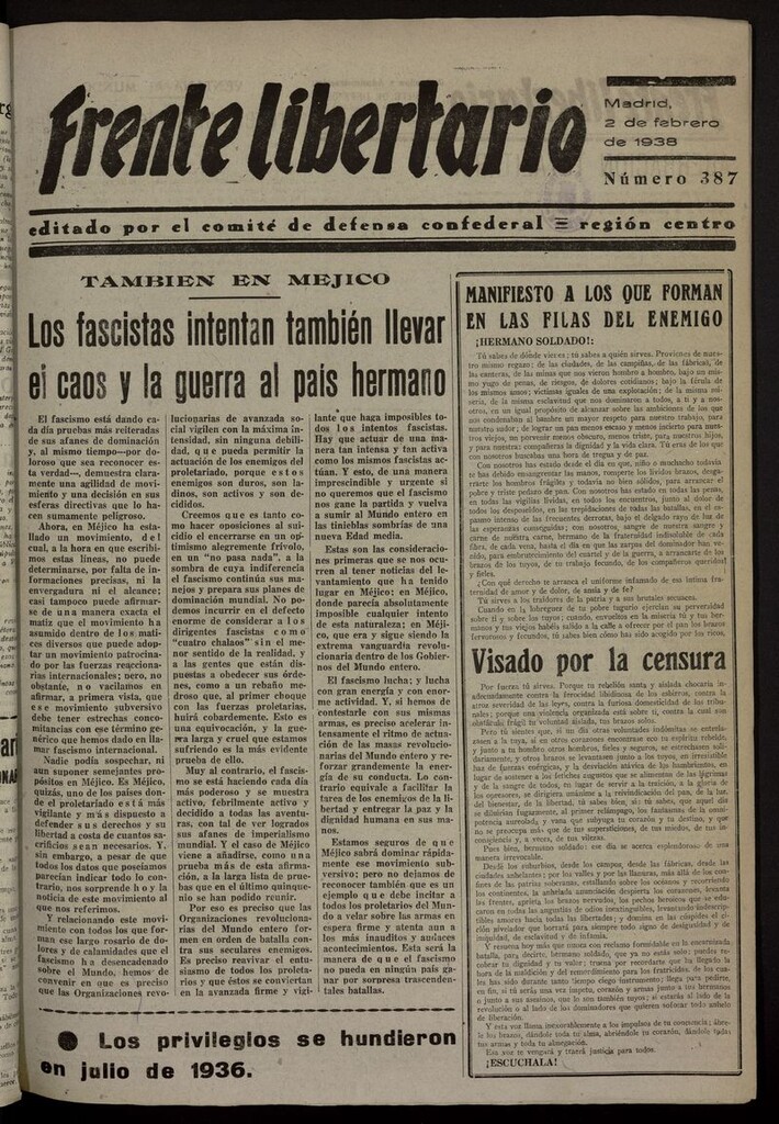 Miniatura de Frente Libertario: Órgano de las Milicias Confederales del 2 de febrero de 1938