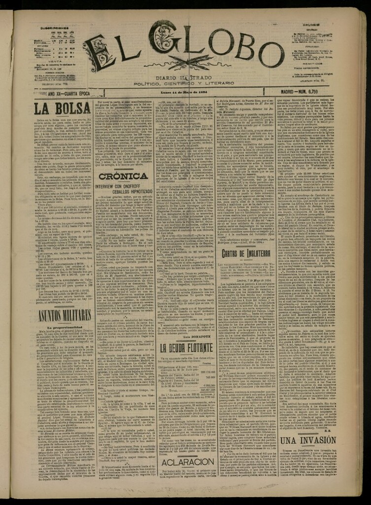 Miniatura de El Globo : diario ilustrado del 14 de mayo de 1894, nº 6759