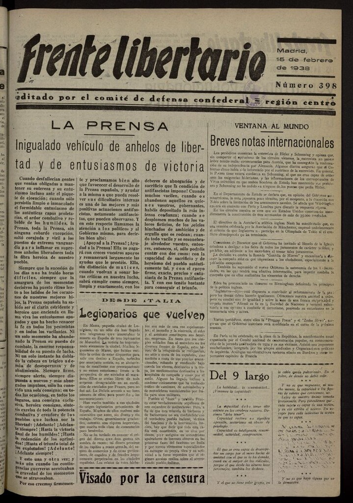 Miniatura de Frente Libertario: Órgano de las Milicias Confederales del 15 de febrero de 1938